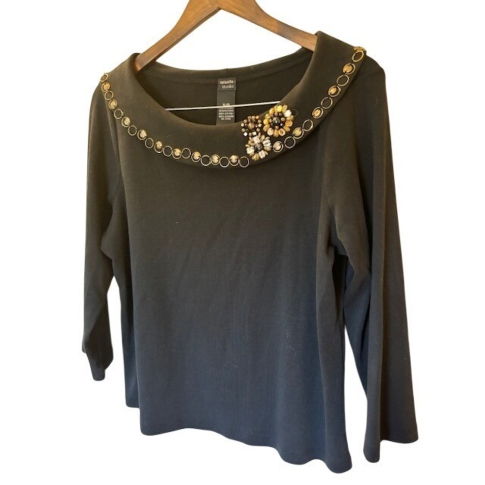 Rafaella Studio Black Beaded Boat Neck Top 3/4 Sleeve Cotton XL